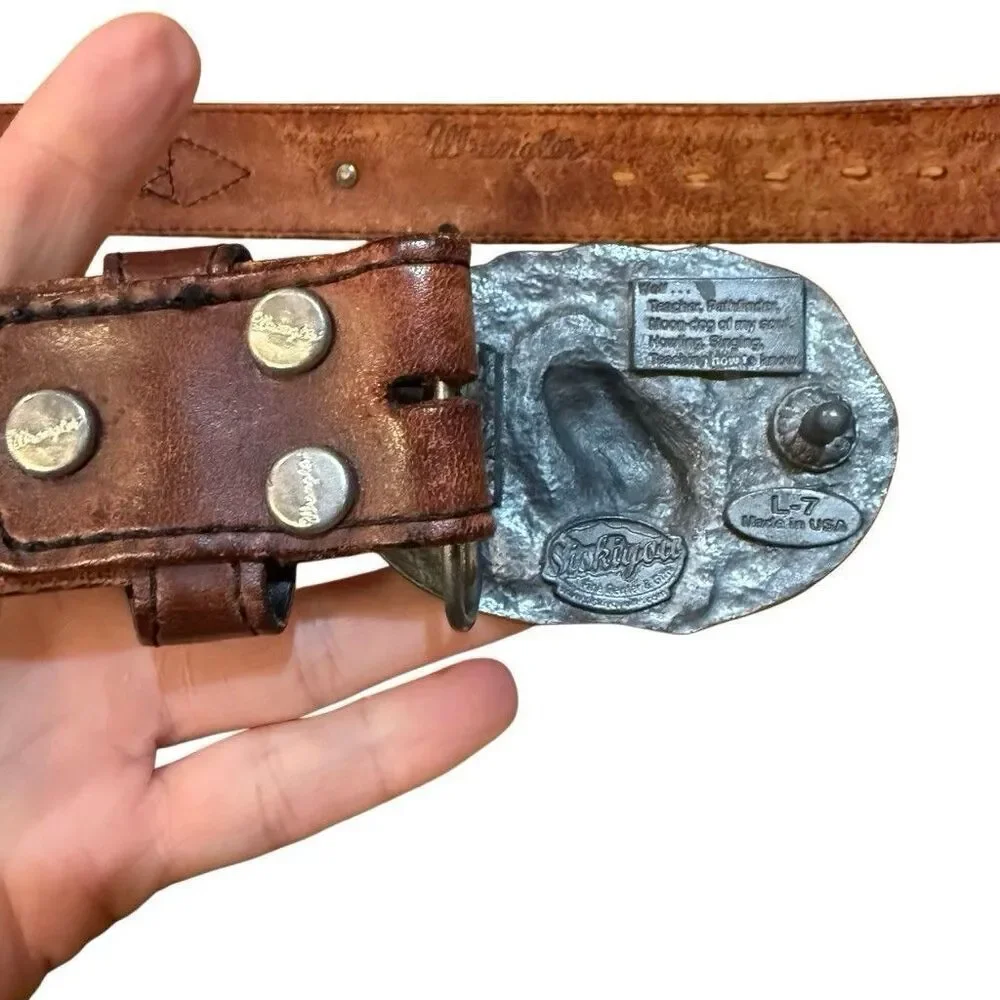 Siskiyou Vintage Belt Wolf & Feathers Enameled w/ Leather Belt  L